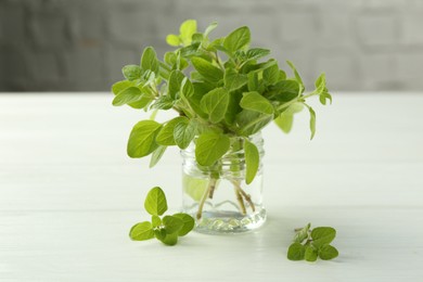 Photo of Sprigs of fresh green oregano in glass jar on white wooden table