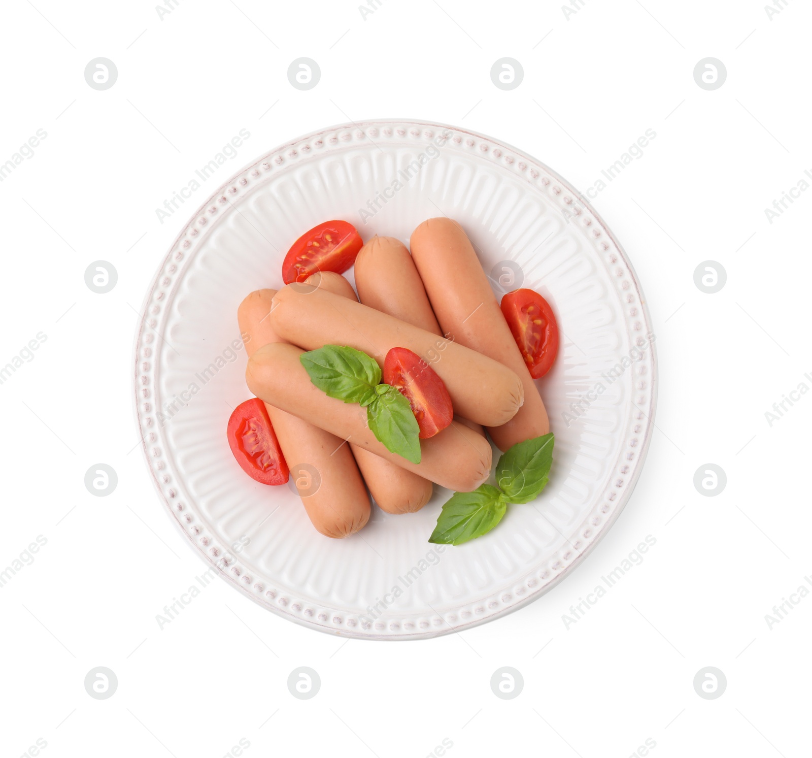 Photo of Delicious boiled sausages, tomatoes and basil isolated on white, top view