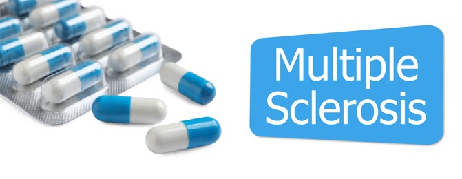 Multiple sclerosis treatment. Blister with pills on white background, banner design