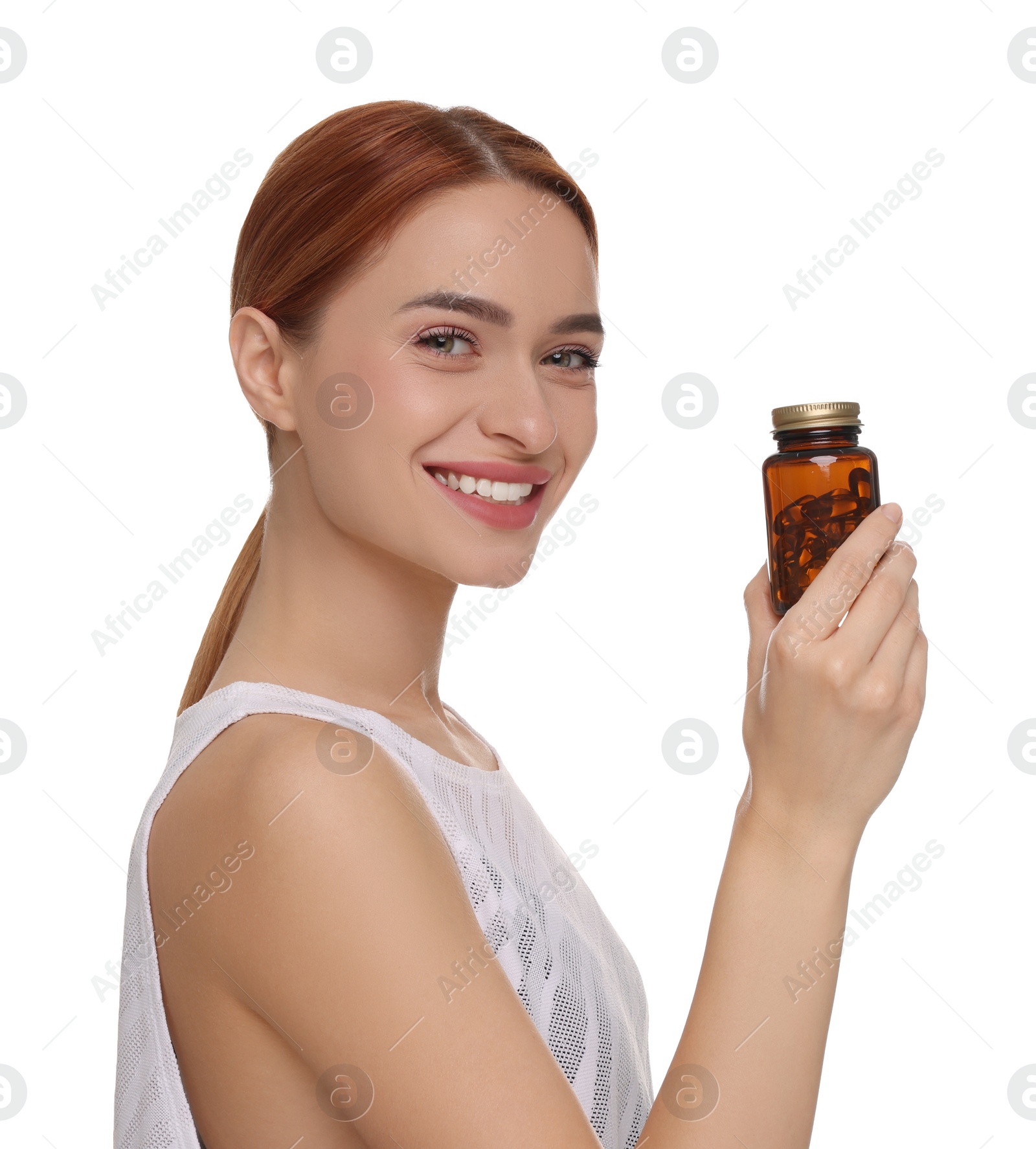 Photo of Happy young woman with bottle of pills on white background. Weight loss