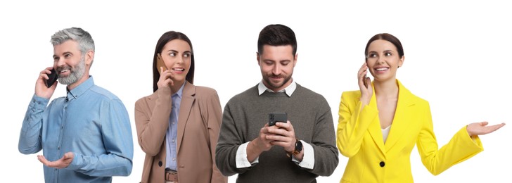 Collage with photo of people using mobile phones on white background