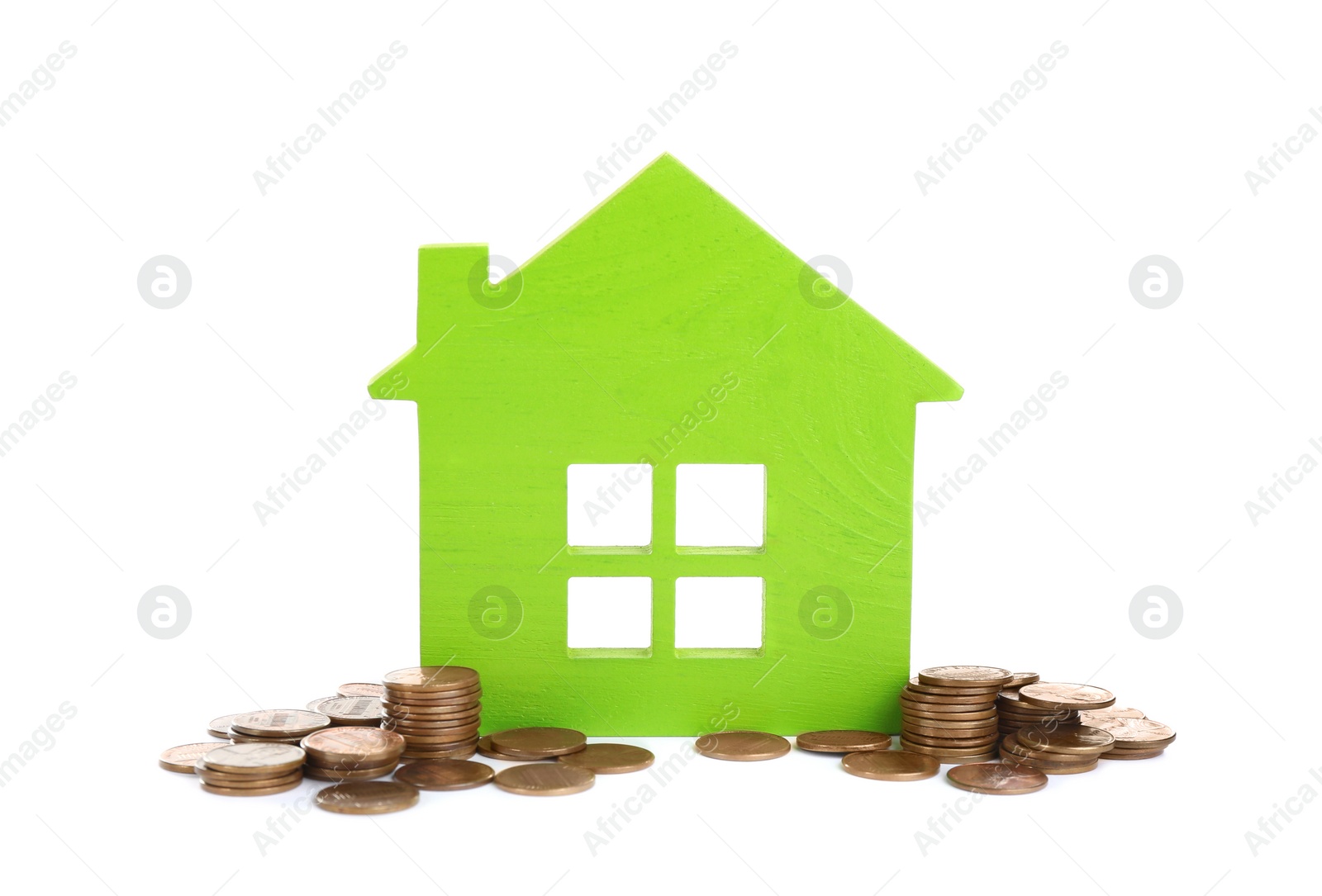 Photo of House model and coins isolated on white