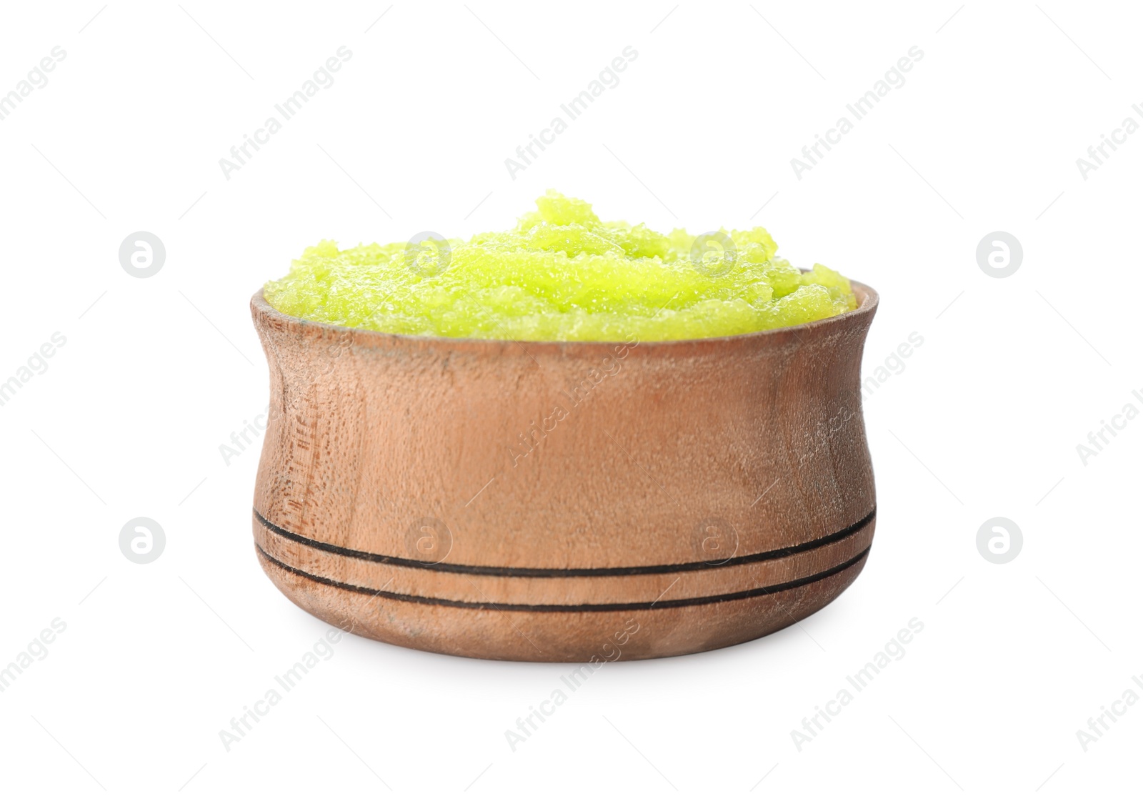 Photo of Wooden bowl of green body scrub isolated on white