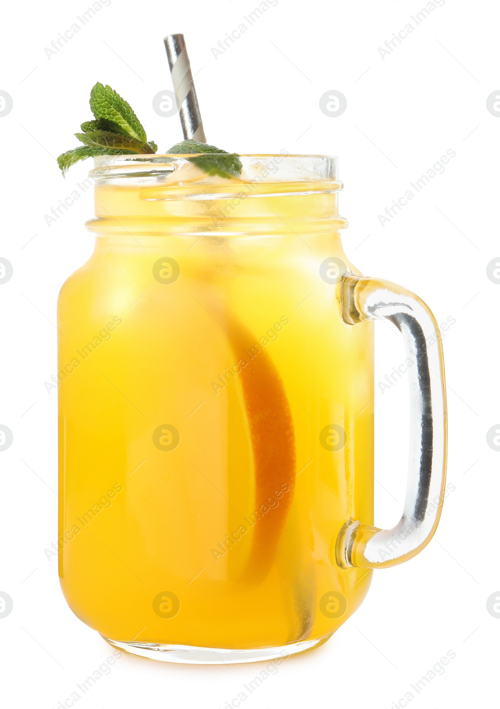 Photo of Delicious orange soda water on white background