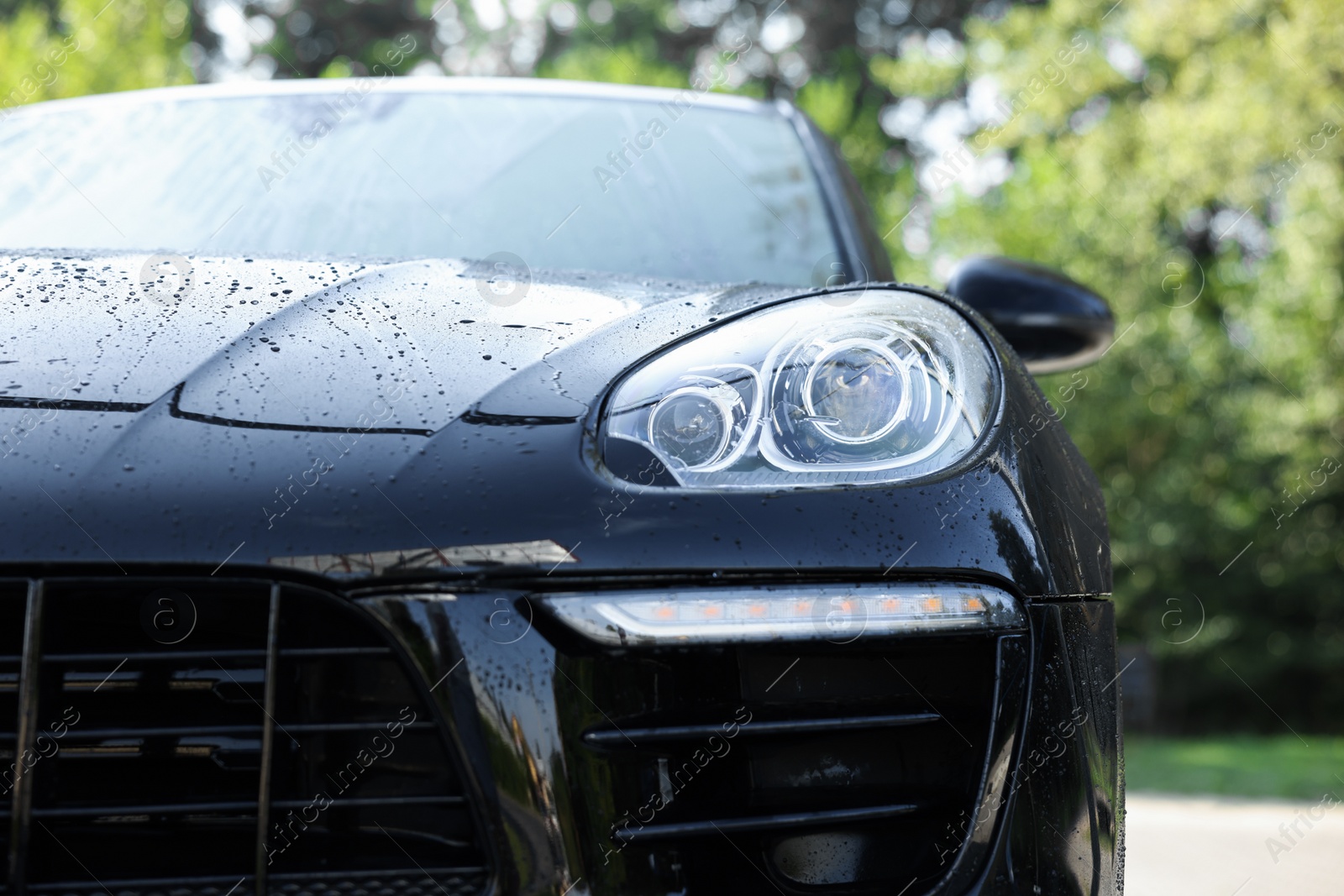 Photo of Clean auto after washing at outdoor car wash, closeup