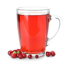 Photo of Cup of delicious cranberry tea and berries isolated on white