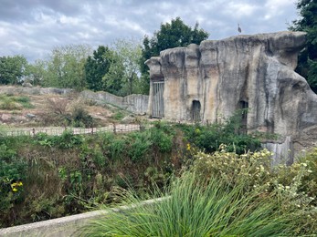 Photo of Rotterdam, Netherlands - August 27, 2022: Picturesque view of zoo enclosure with rock cliff