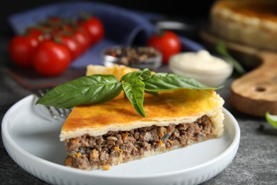 Photo of Piece of delicious pie with minced meat and basil served on grey table, closeup