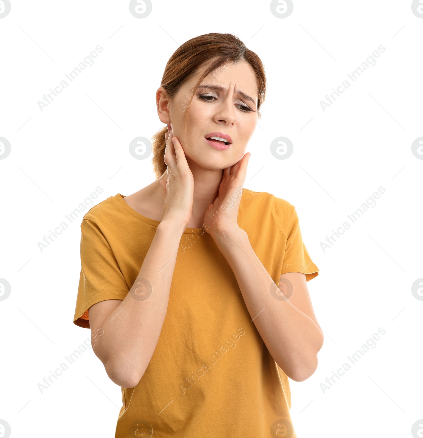 Photo of Woman suffering from cough isolated on white