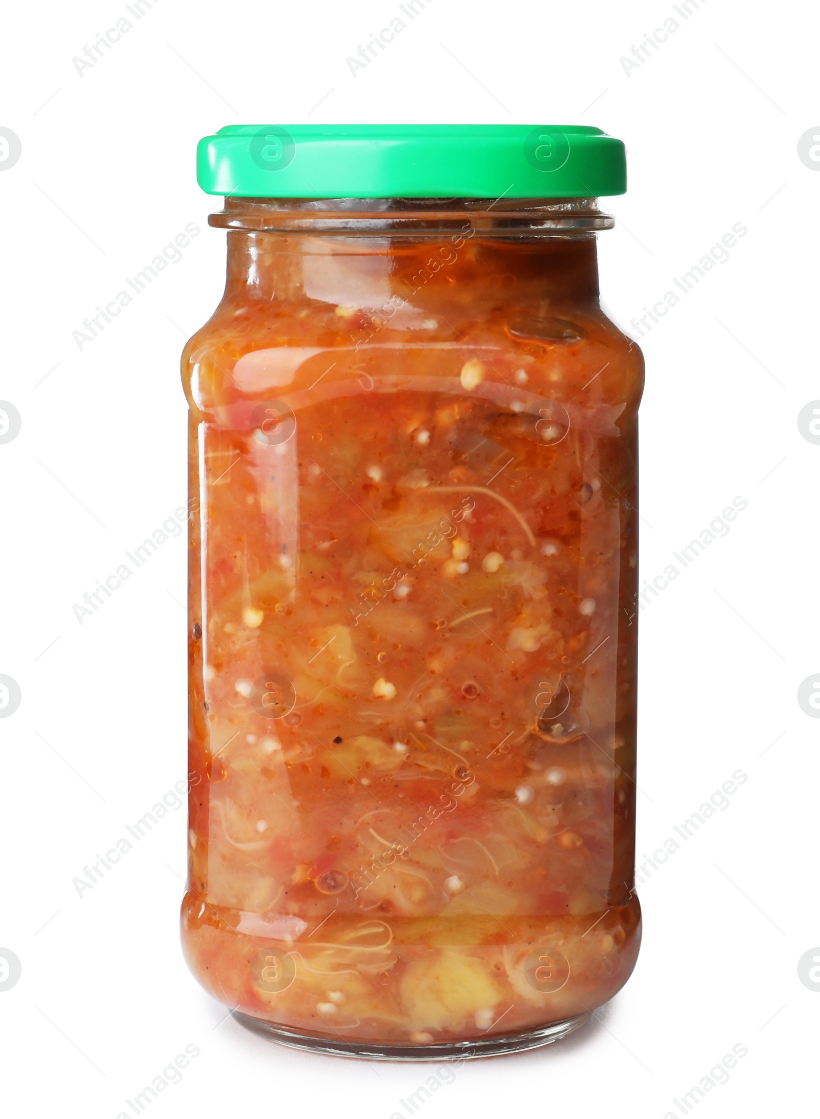Photo of Jar with pickled vegetable sauce on white background
