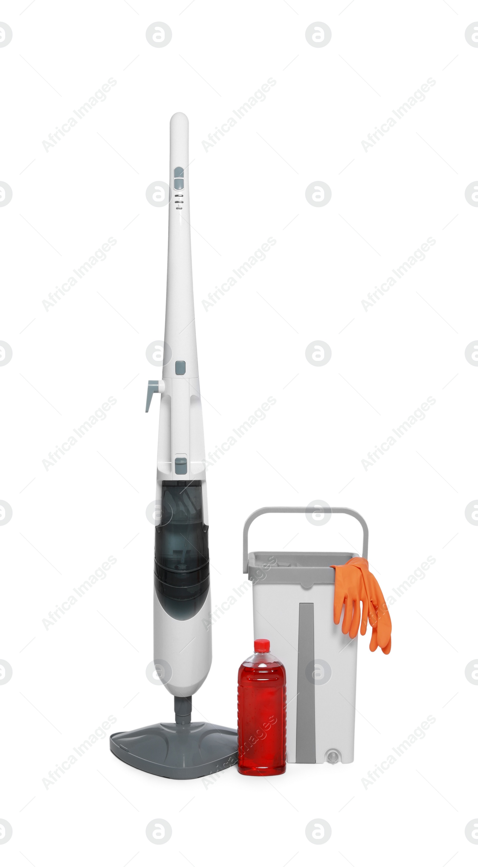 Photo of Modern steam mop, bucket with gloves and bottle of cleaning product isolated on white