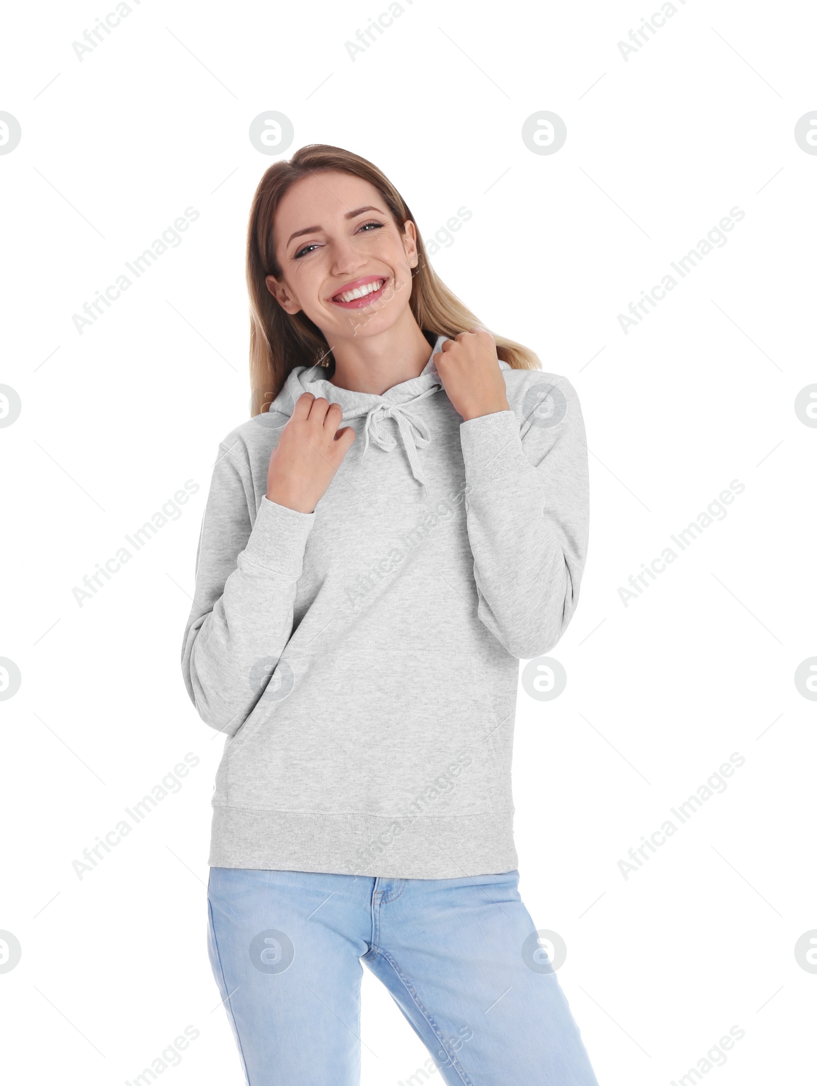 Photo of Portrait of woman in hoodie sweater on white background. Space for design