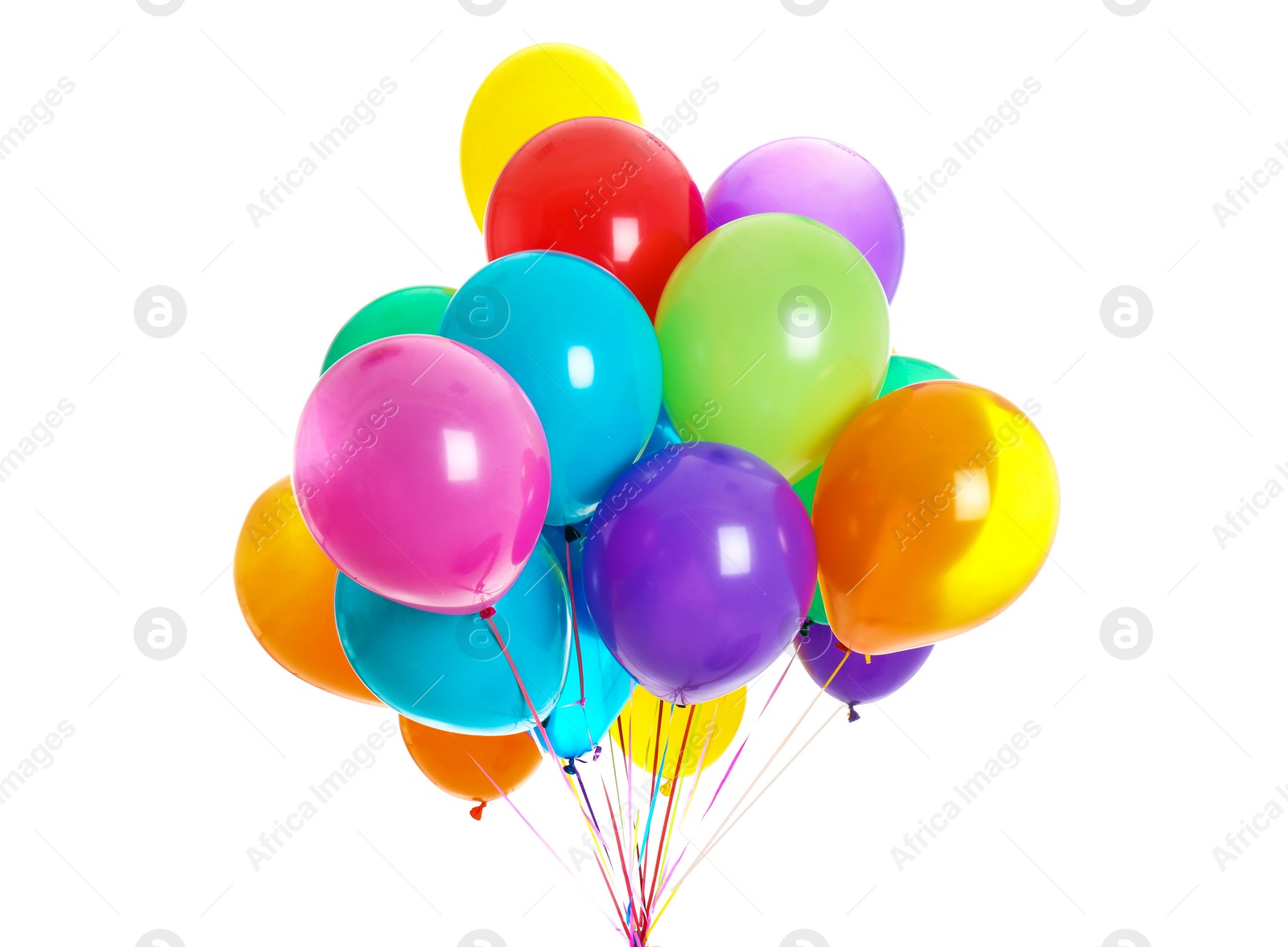 Photo of Bunch of colorful balloons on white background. Festive decor