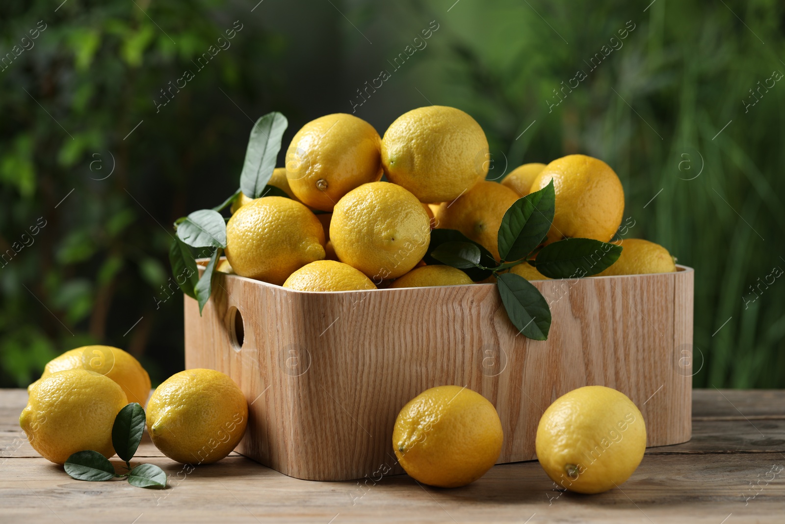 Photo of Fresh lemons in crate on wooden table