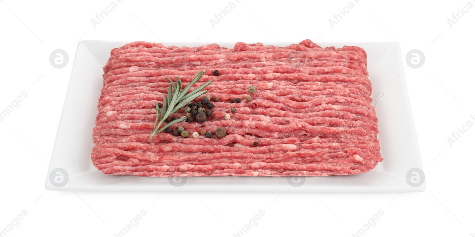 Photo of Raw ground meat, rosemary and peppercorns isolated on white