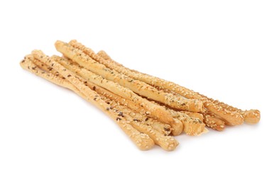 Photo of Fresh delicious grissini sticks on white background