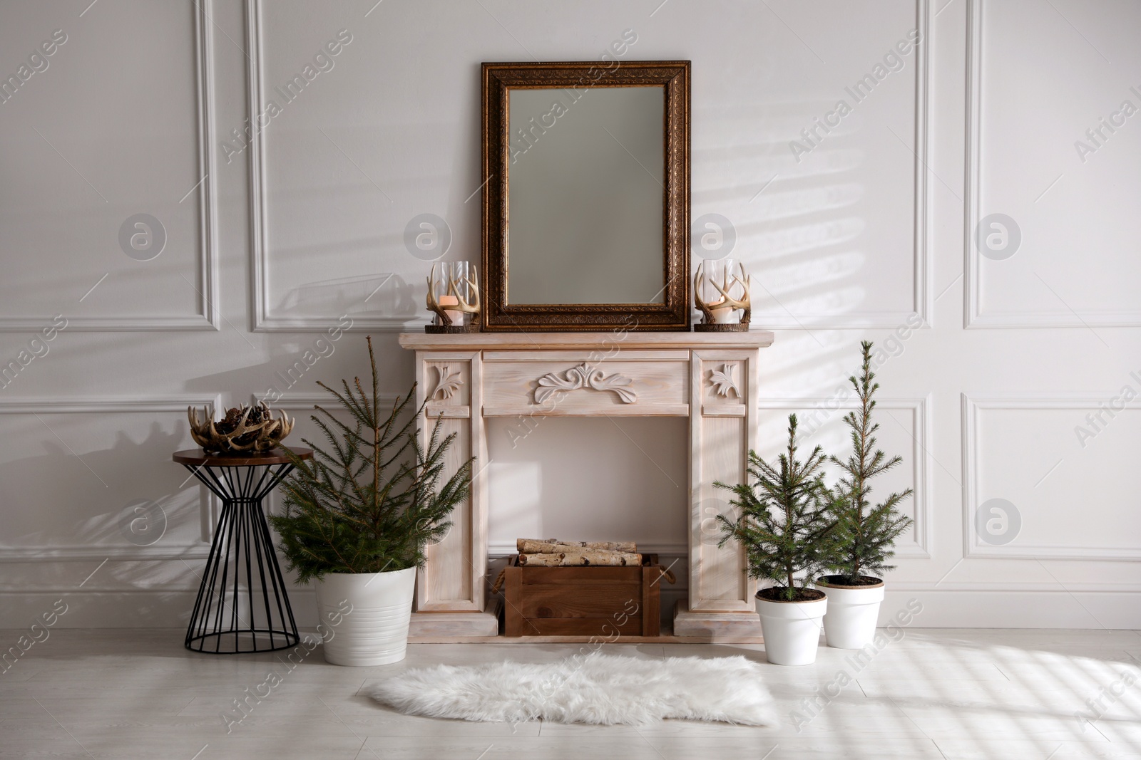 Photo of Beautiful room interior with potted fir trees and fireplace