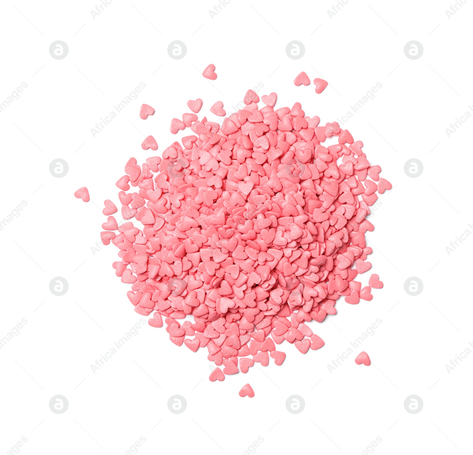 Photo of Pile of sweet candy hearts on white background, top view