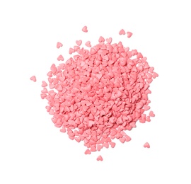 Photo of Pile of sweet candy hearts on white background, top view