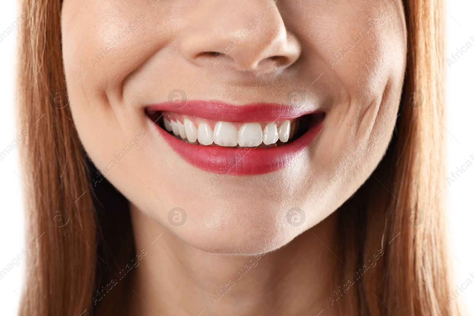 Photo of Smiling woman with perfect teeth on white background, closeup