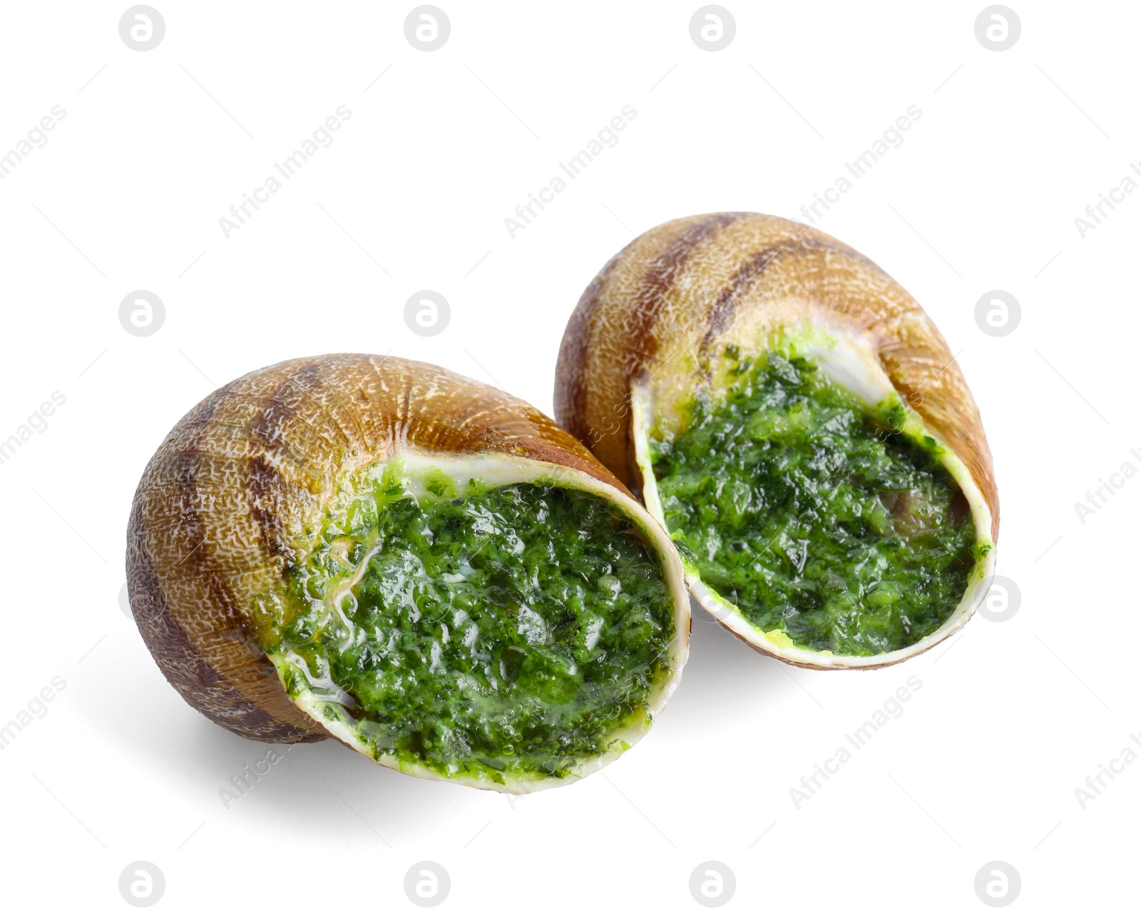 Photo of Two delicious cooked snails isolated on white