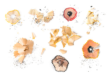 Image of Pencil shavings on white background, top view