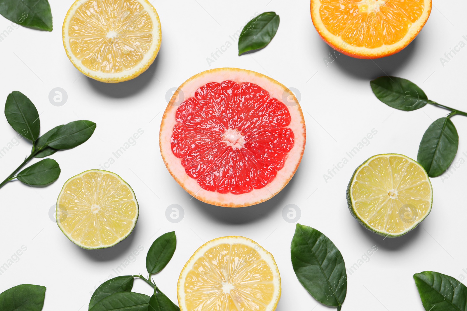 Photo of Different cut citrus fruits and leaves on white table, flat lay