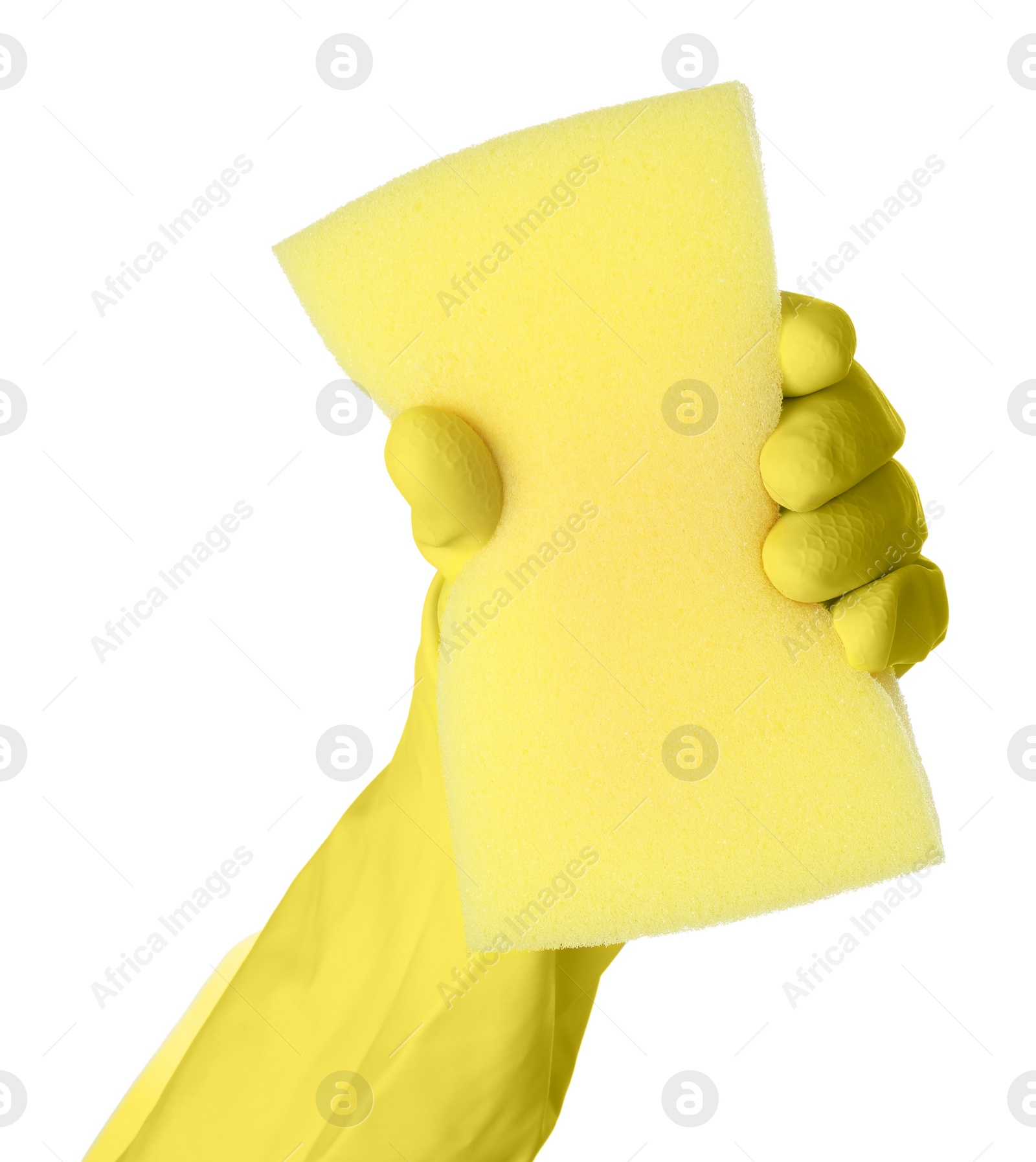 Photo of Cleaner in rubber glove holding new yellow sponge on white background, closeup