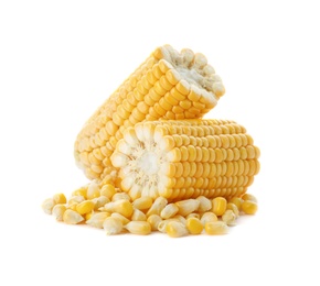 Tasty sweet corn cob on white background