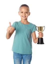 Photo of Happy girl with golden winning cup on white background