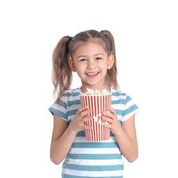 Photo of Cute little girl with popcorn on white background