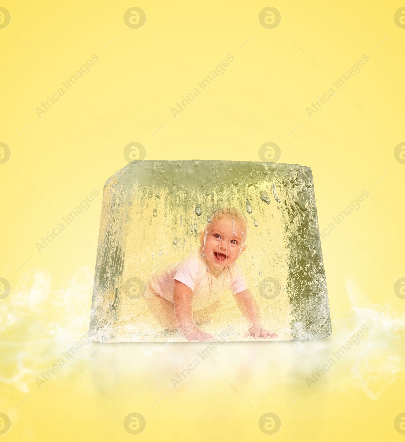 Image of Cryopreservation as method of infertility treatment. Baby in ice cube on yellow background