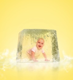 Cryopreservation as method of infertility treatment. Baby in ice cube on yellow background