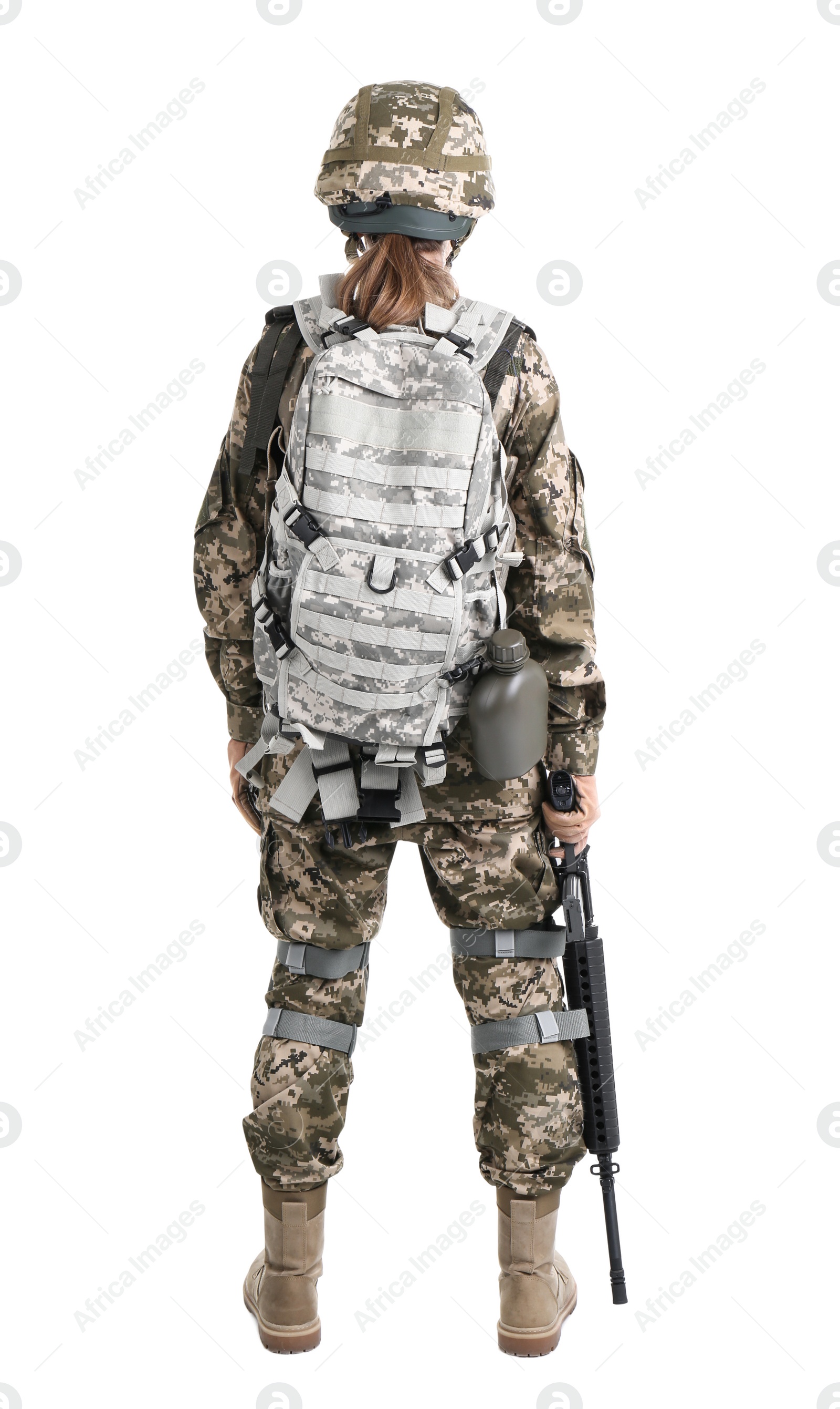 Photo of Female soldier with machine gun on white background. Military service