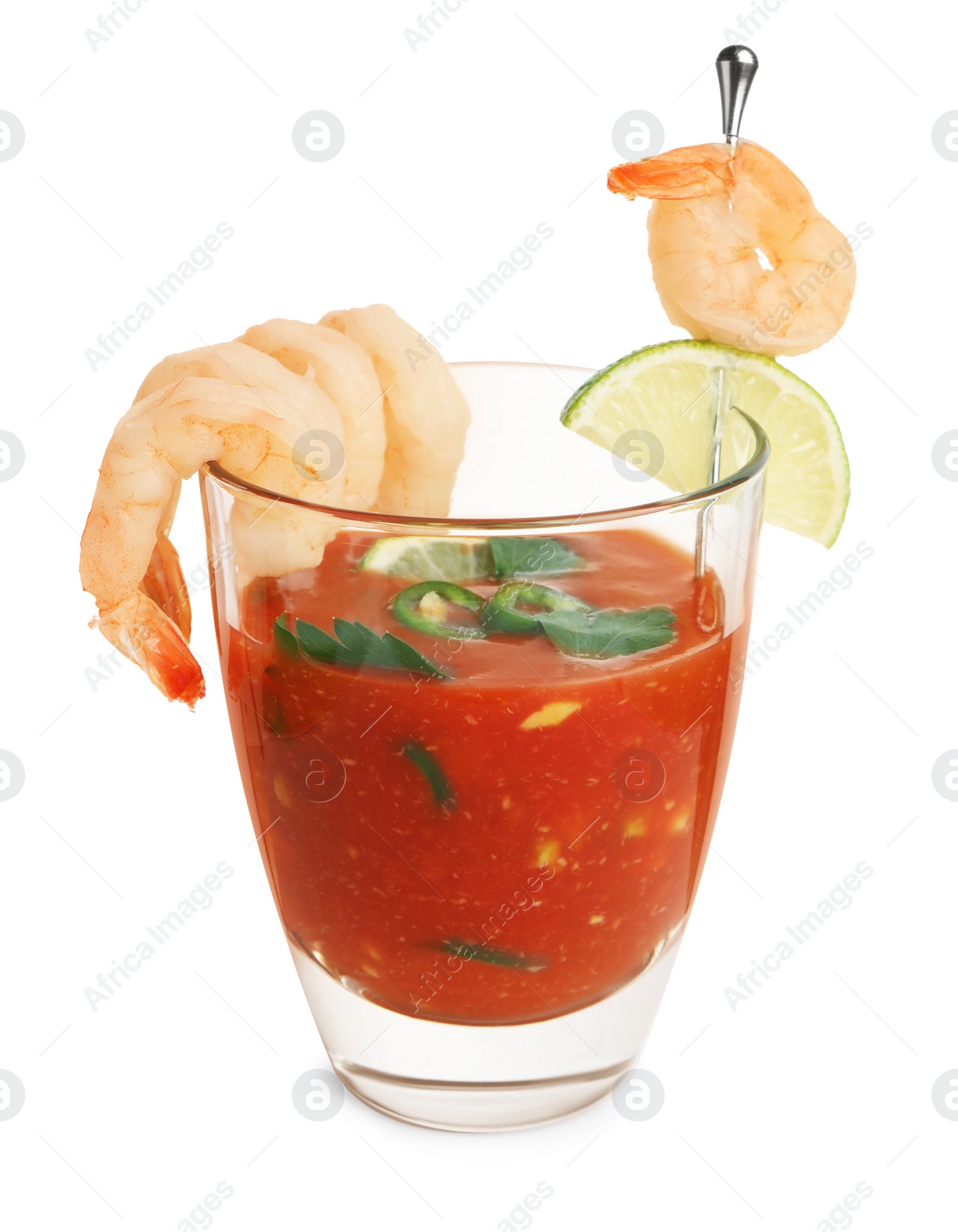 Photo of Tasty shrimp cocktail with sauce in glass and lime isolated on white