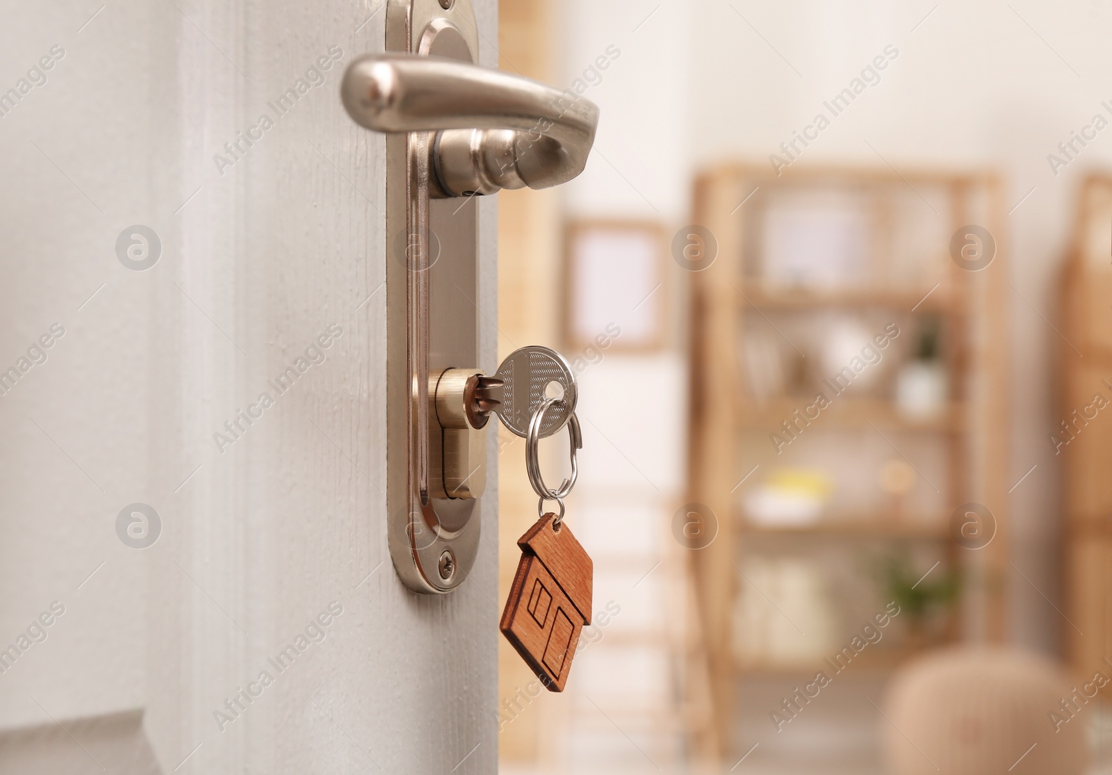 Photo of Open door with key in room, closeup