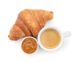 Photo of Fresh croissant, jam and coffee isolated on white, top view. Tasty breakfast