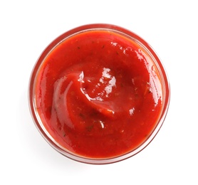 Delicious tomato sauce in bowl on white background, top view