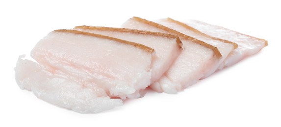 Photo of Slices of pork fatback on white background