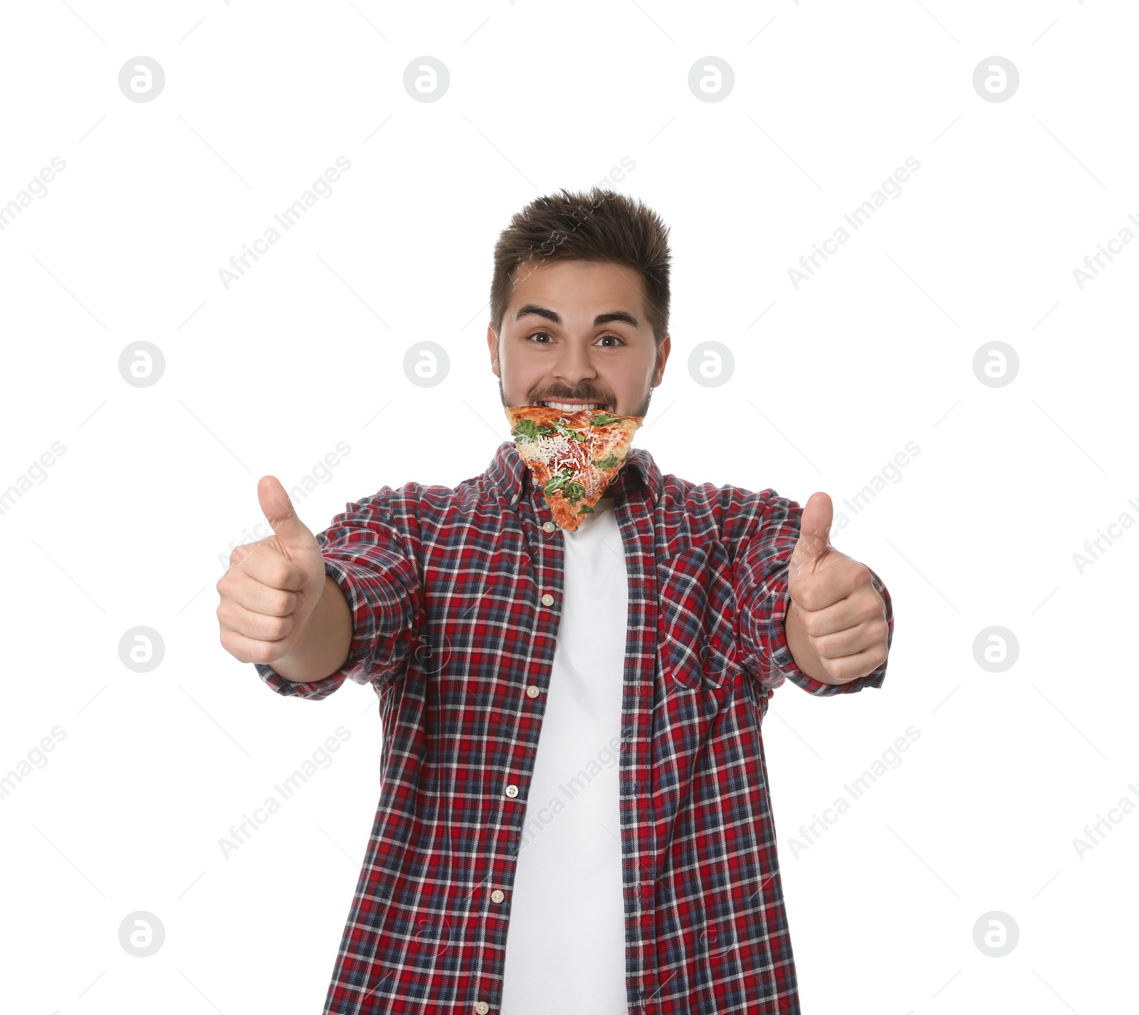 Photo of Handsome man with pizza isolated on white
