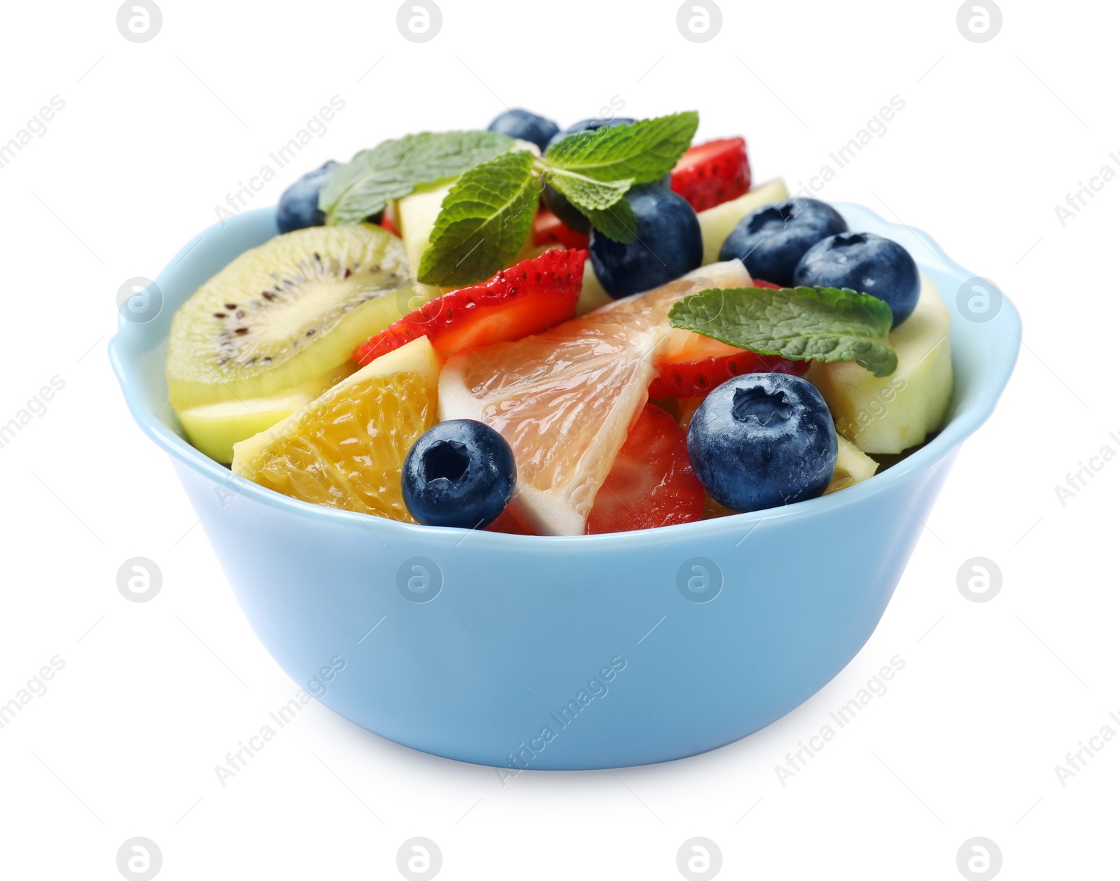 Photo of Tasty fruit salad in bowl isolated on white