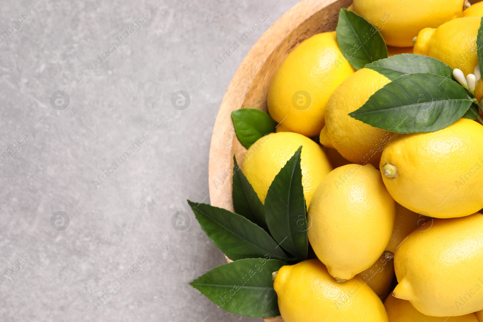 Photo of Many fresh ripe lemons with green leaves on light grey table, top view. Space for text