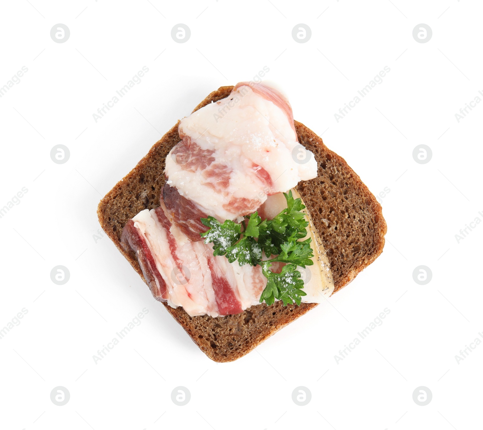 Photo of Pork fatback sandwich with parsley isolated on white, top view