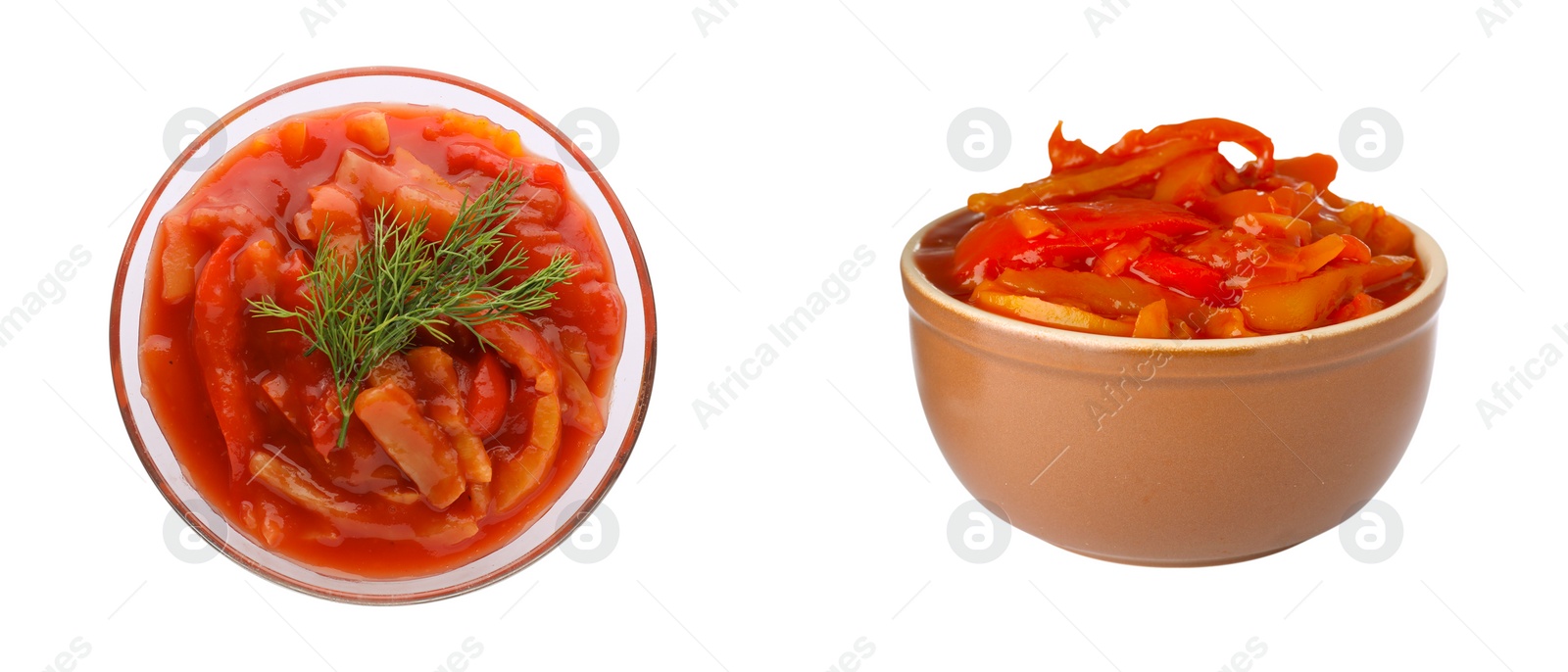 Image of Collage of lecho in bowls on white background