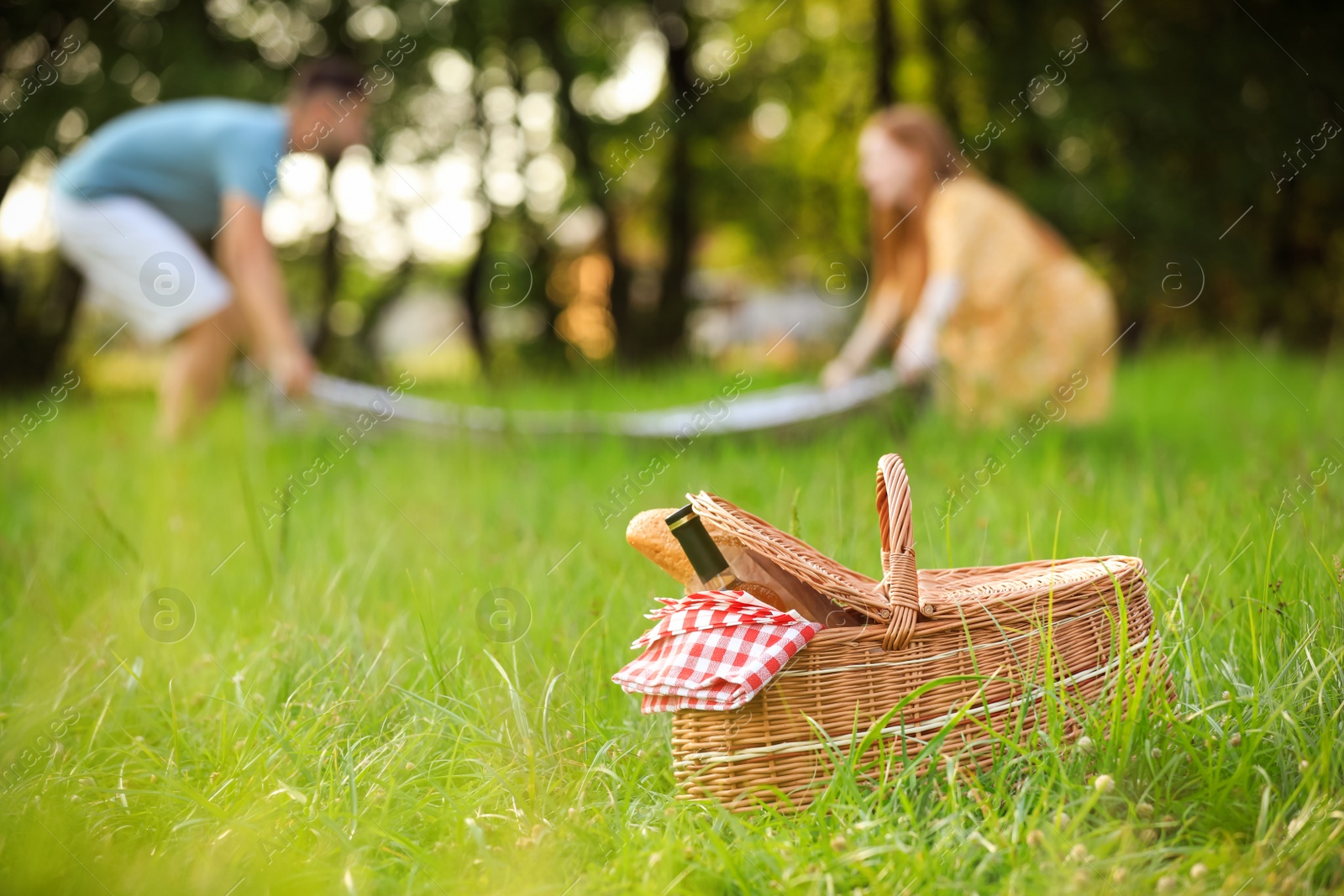 Photo of Wicker picnic basket with bottle of wine and bread on green grass