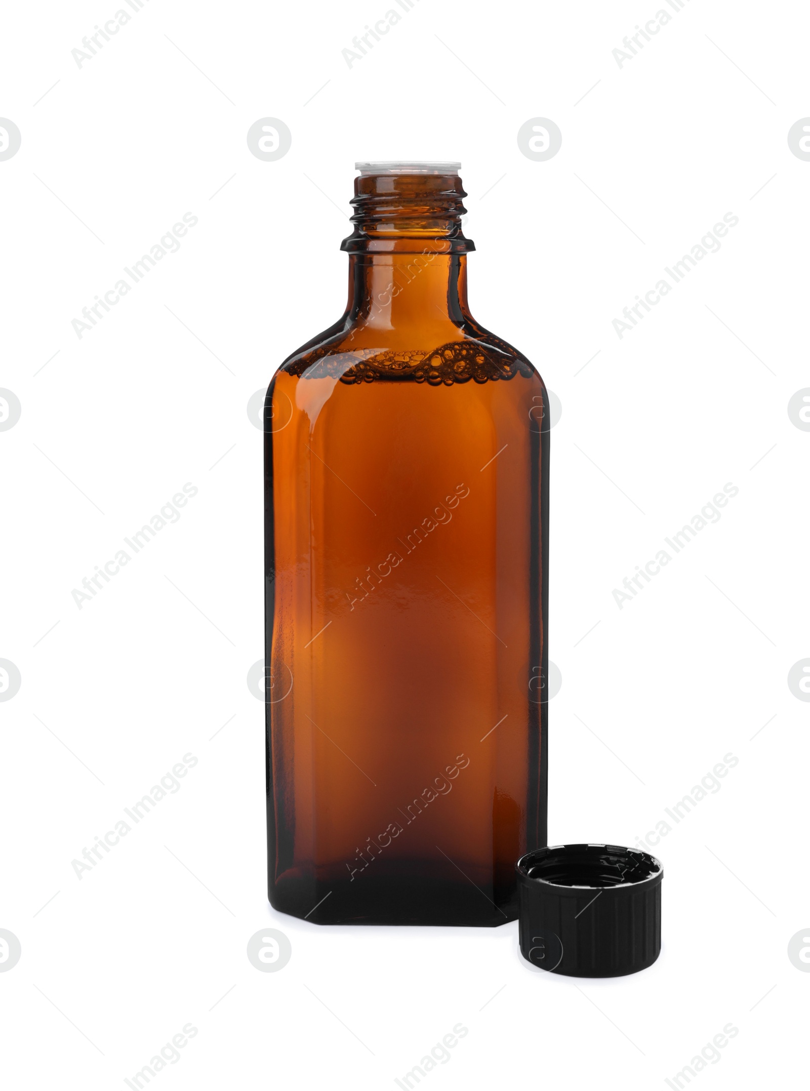 Photo of Bottle of syrup isolated on white. Cough and cold medicine