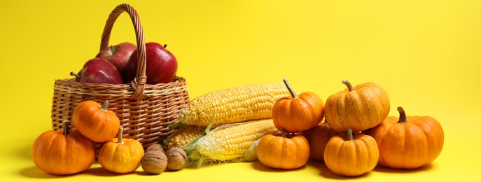 Photo of Thanksgiving day. Beautiful composition with pumpkins on yellow background