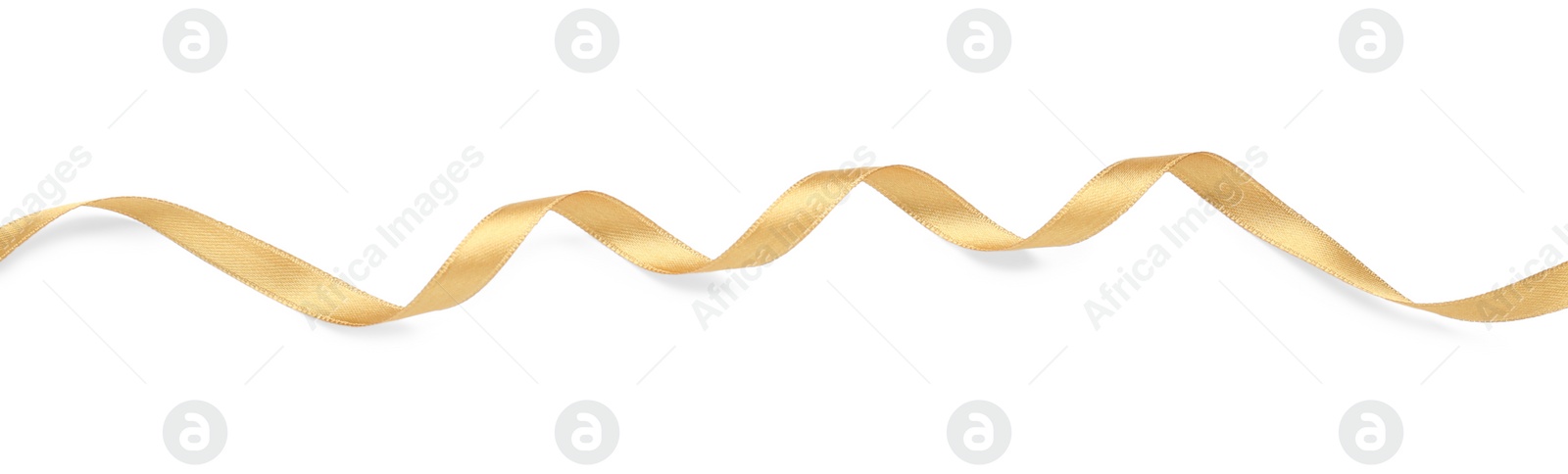 Photo of Beautiful golden ribbon isolated on white, top view