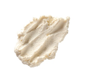 Photo of Smear of tasty cream cheese on white background, top view