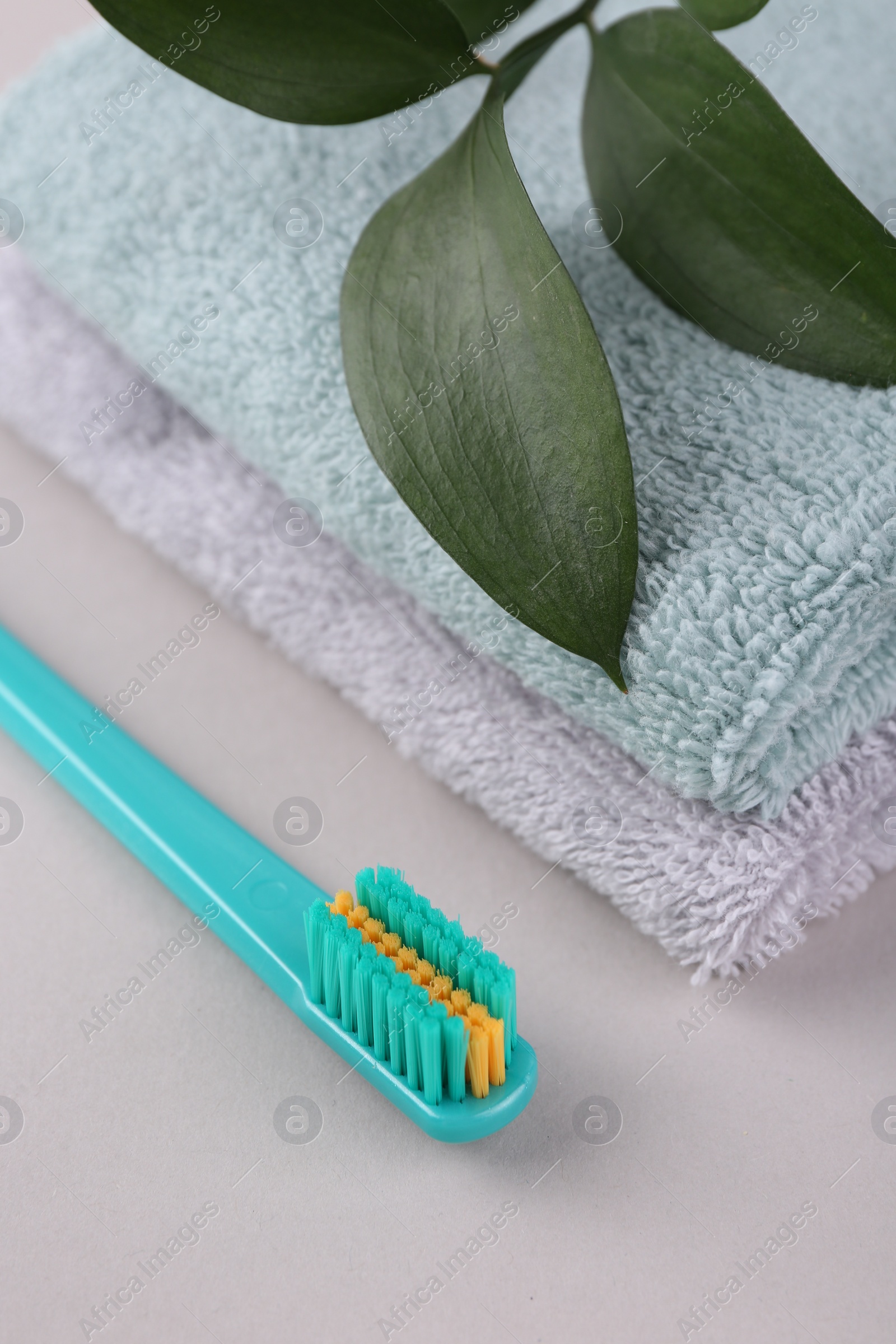 Photo of Plastic toothbrush, towels and green leaves on light background, closeup